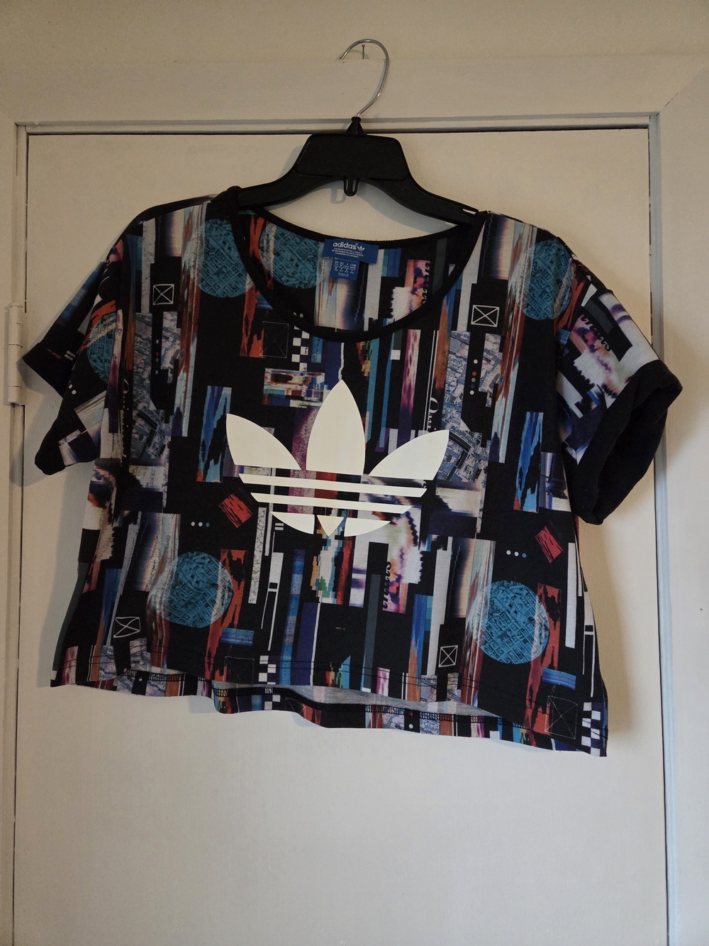 Adidas Trefoil Graphic Crop Tee - Black with Multicolor Print